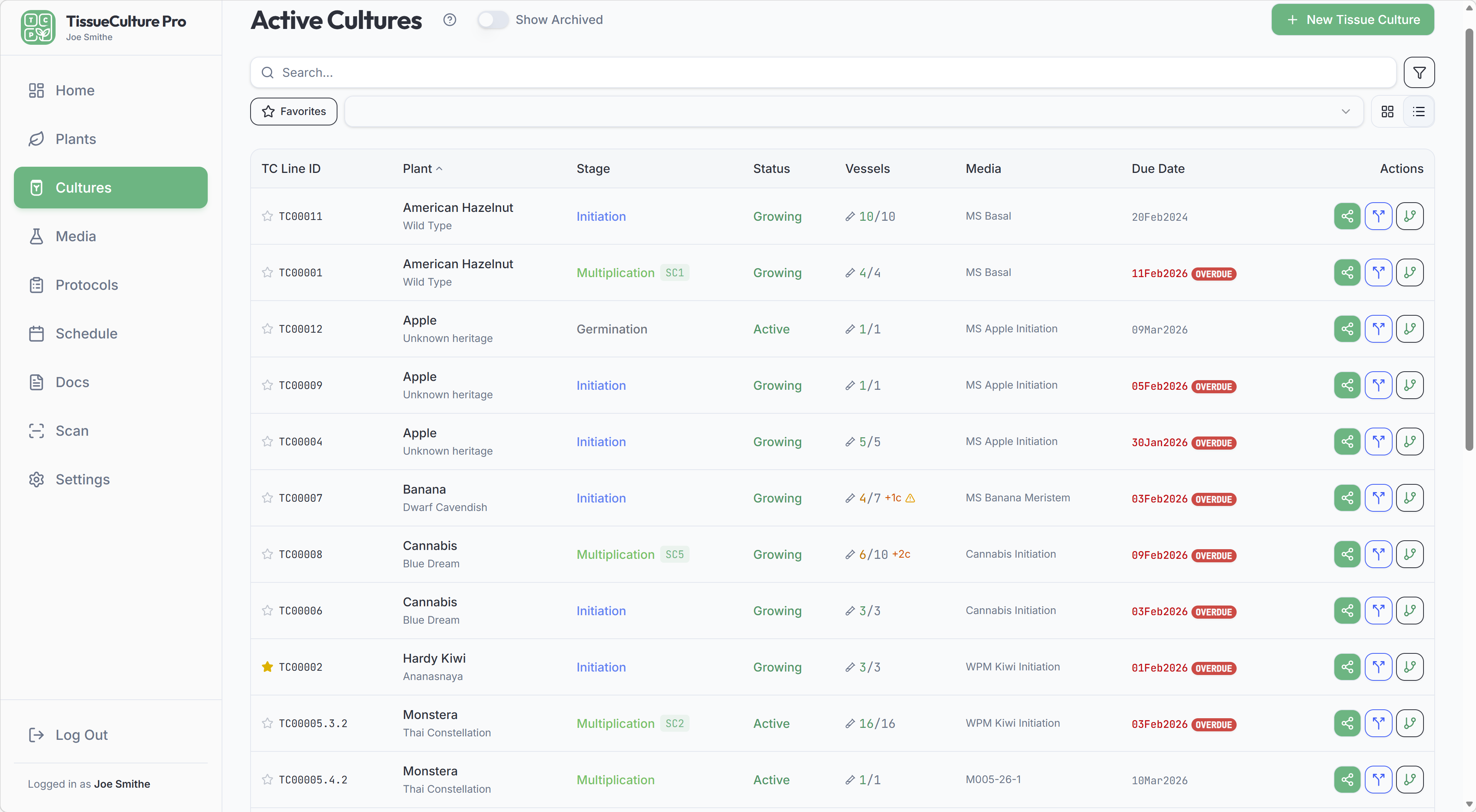 Active tissue cultures list with stage tracking